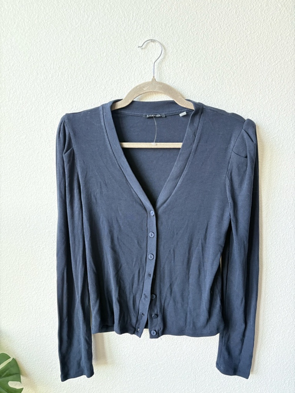 Tahari Ribbed V-Neck Cardigan in Charcoal
